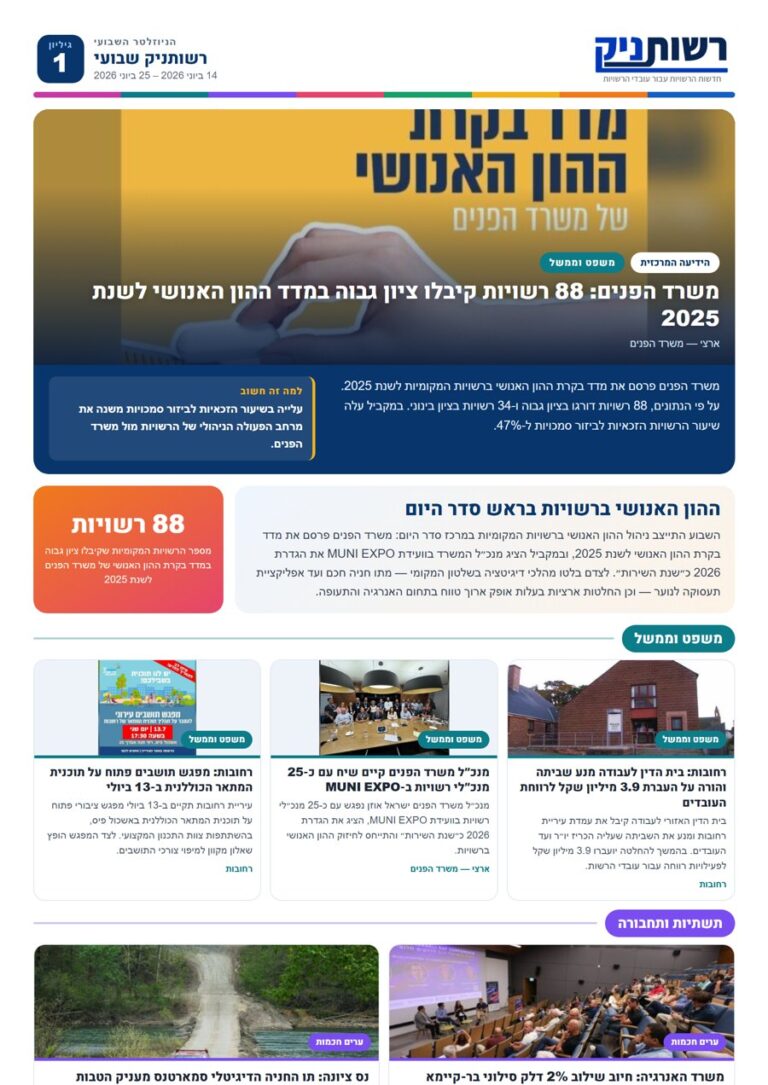 רשותניק שבועי — גיליון 1: ההון האנושי ברשויות בראש סדר היום