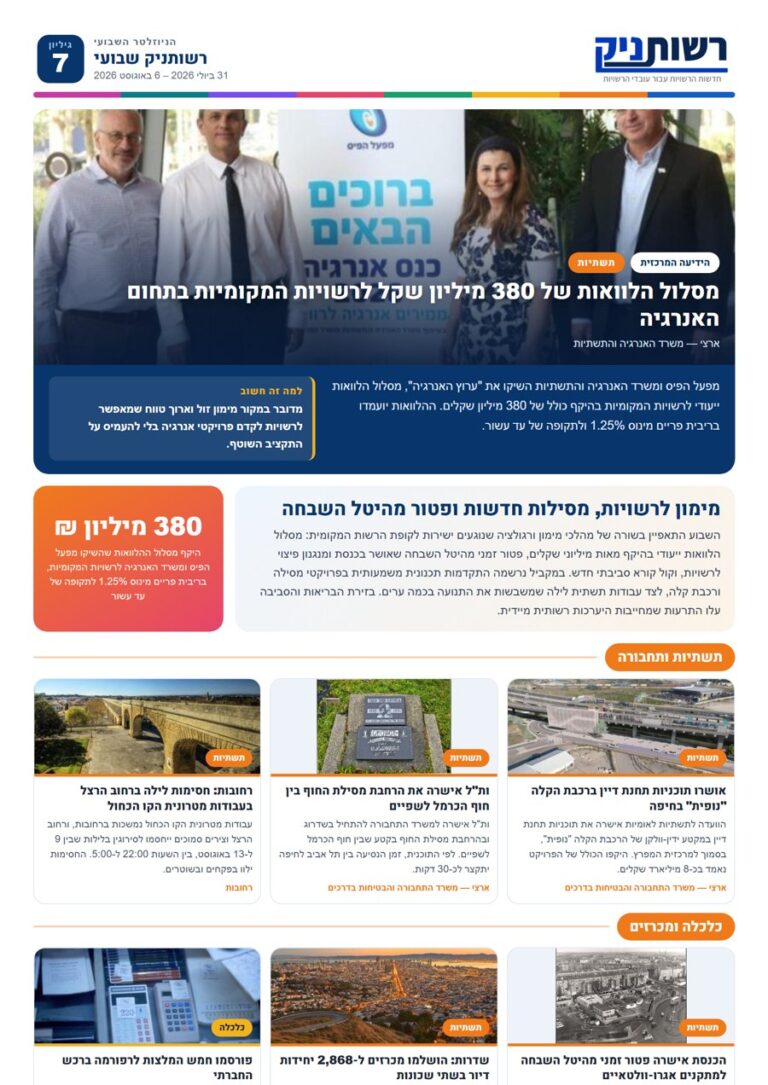 רשותניק שבועי — גיליון 7: מימון לרשויות, מסילות חדשות ופטור מהיטל השבחה