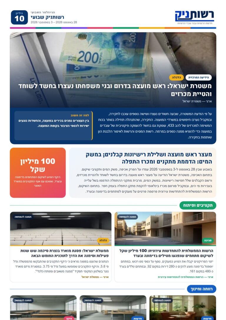 רשותניק שבועי — גיליון 10: מעצר ראש מועצה ושלילת רישיונות קבלנים; במשק המים: הדממת מתקנים ומכרז התפלה