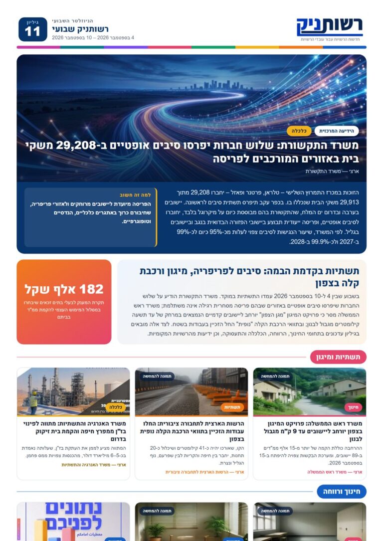 רשותניק שבועי — גיליון 11: תשתיות בקדמת הבמה: סיבים לפריפריה, מיגון ורכבת קלה בצפון